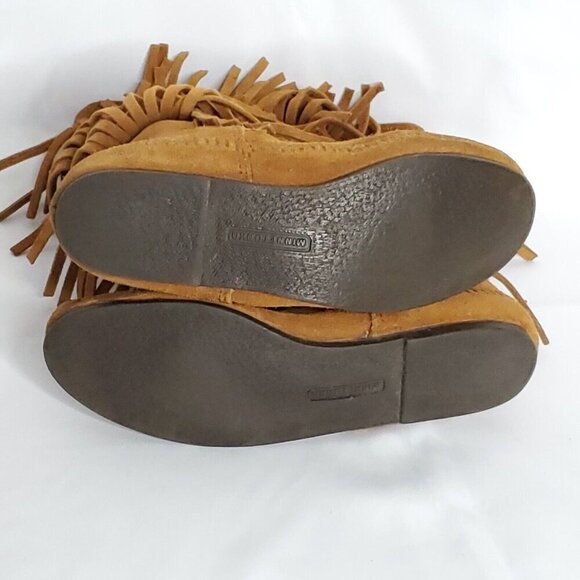 Minnetonka 3 Layer Fringe Moccasin Boots 9 Brown Suede Mid Calf Boho Hippie - Picture 8 of 13